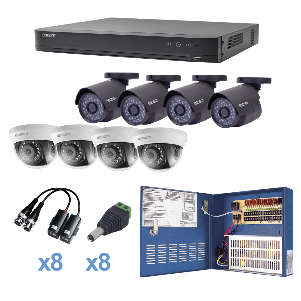 KIT TurboHD 1080p / DVR 8 Canales / 4 Cámaras Bala (exterior 2.8 mm) / 4 Cámaras Domos (interior 2.8 mm) / Transceptores / Conectores / Fuente de Poder Profesional hasta 15 Vcd para Larga Distancia