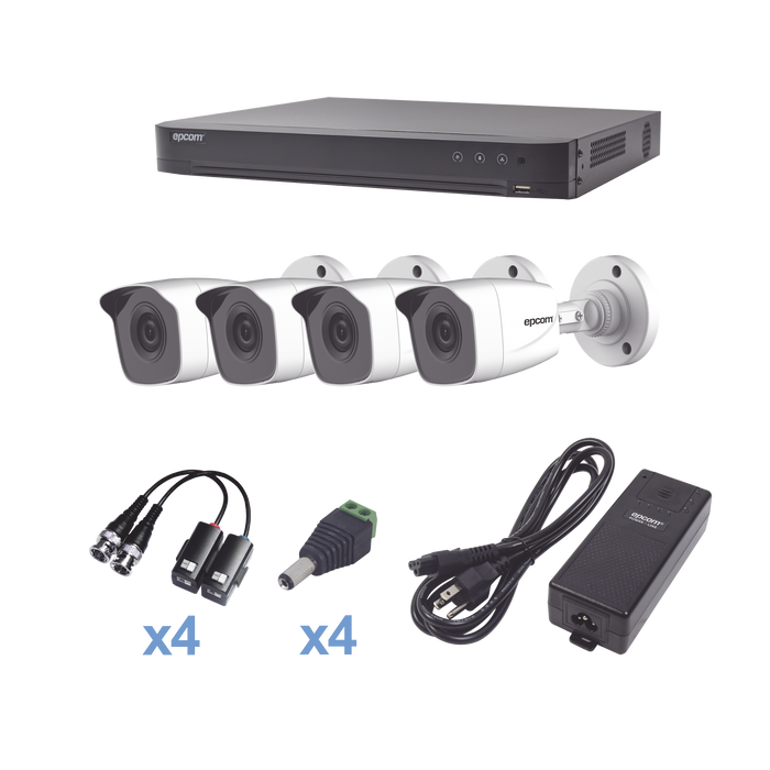 KIT TurboHD 1080p / DVR 4 Canales / 4 Cámaras Bala (exterior 2.8 mm) / Transceptores / Conectores / Fuente de Poder Profesional