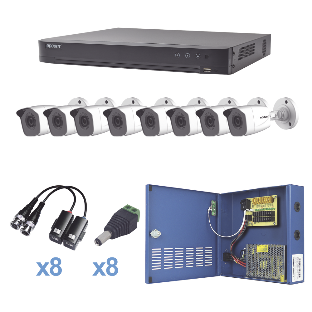 KIT TurboHD 1080p / DVR 8 Canales / 8 Cámaras Bala (exterior 2.8 mm) / Transceptores / Conectores / Fuente de Poder Profesional hasta 15 Vcd para Larga Distancias