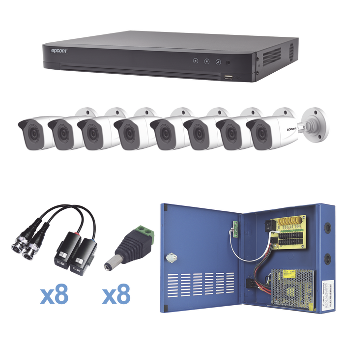 KIT TurboHD 1080p / DVR 8 Canales / 8 Cámaras Bala (exterior 2.8 mm) / Transceptores / Conectores / Fuente de Poder Profesional hasta 15 Vcd para Larga Distancias