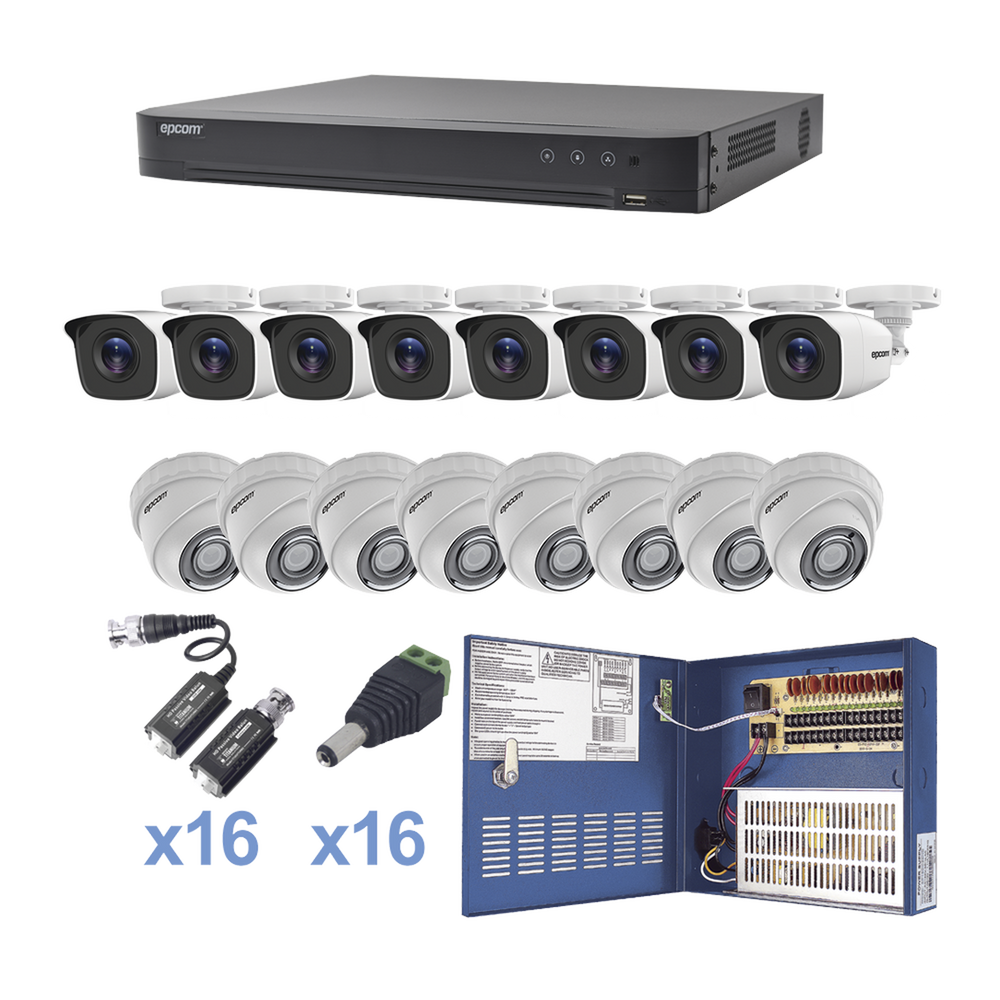 KIT TurboHD 1080p / DVR 16 Canales / 8 Cámaras Bala (exterior 2.8 mm) / 8 Cámaras Eyeball (exterior 2.8 mm) / Transceptores / Conectores / Fuente de Poder Profesional