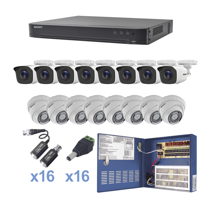 KIT TurboHD 1080p / DVR 16 Canales / 8 Cámaras Bala (exterior 2.8 mm) / 8 Cámaras Eyeball (exterior 2.8 mm) / Transceptores / Conectores / Fuente de Poder Profesional