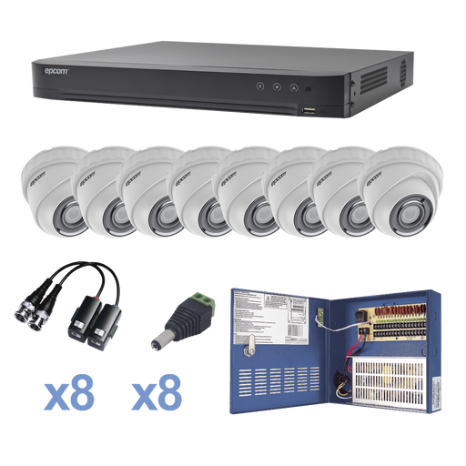 KIT TurboHD 1080p / DVR 8 Canales / 8 Cámaras Eyeball (exterior 2.8 mm) / Transceptores / Conectores / Fuente de Poder Profesional hasta 15 Vcd para Larga Distancia