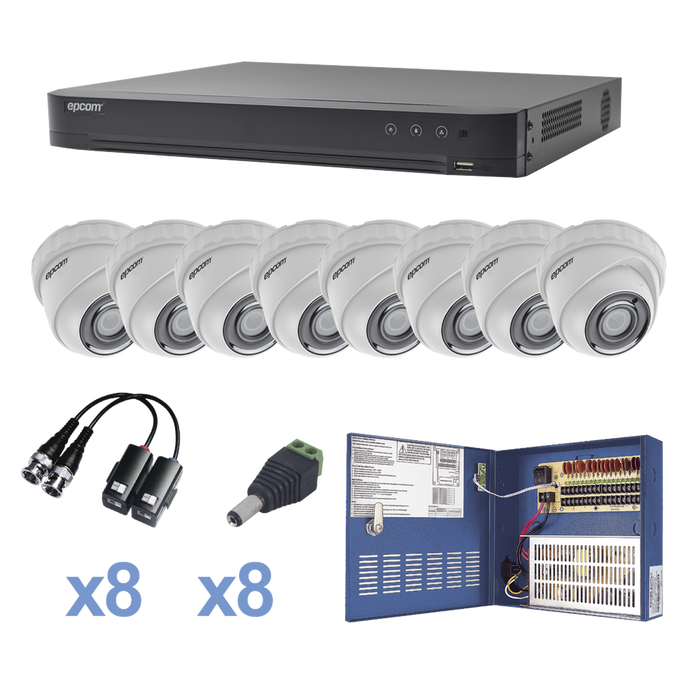 KIT TurboHD 1080p / DVR 8 Canales / 8 Cámaras Eyeball (exterior 2.8 mm) / Transceptores / Conectores / Fuente de Poder Profesional hasta 15 Vcd para Larga Distancia