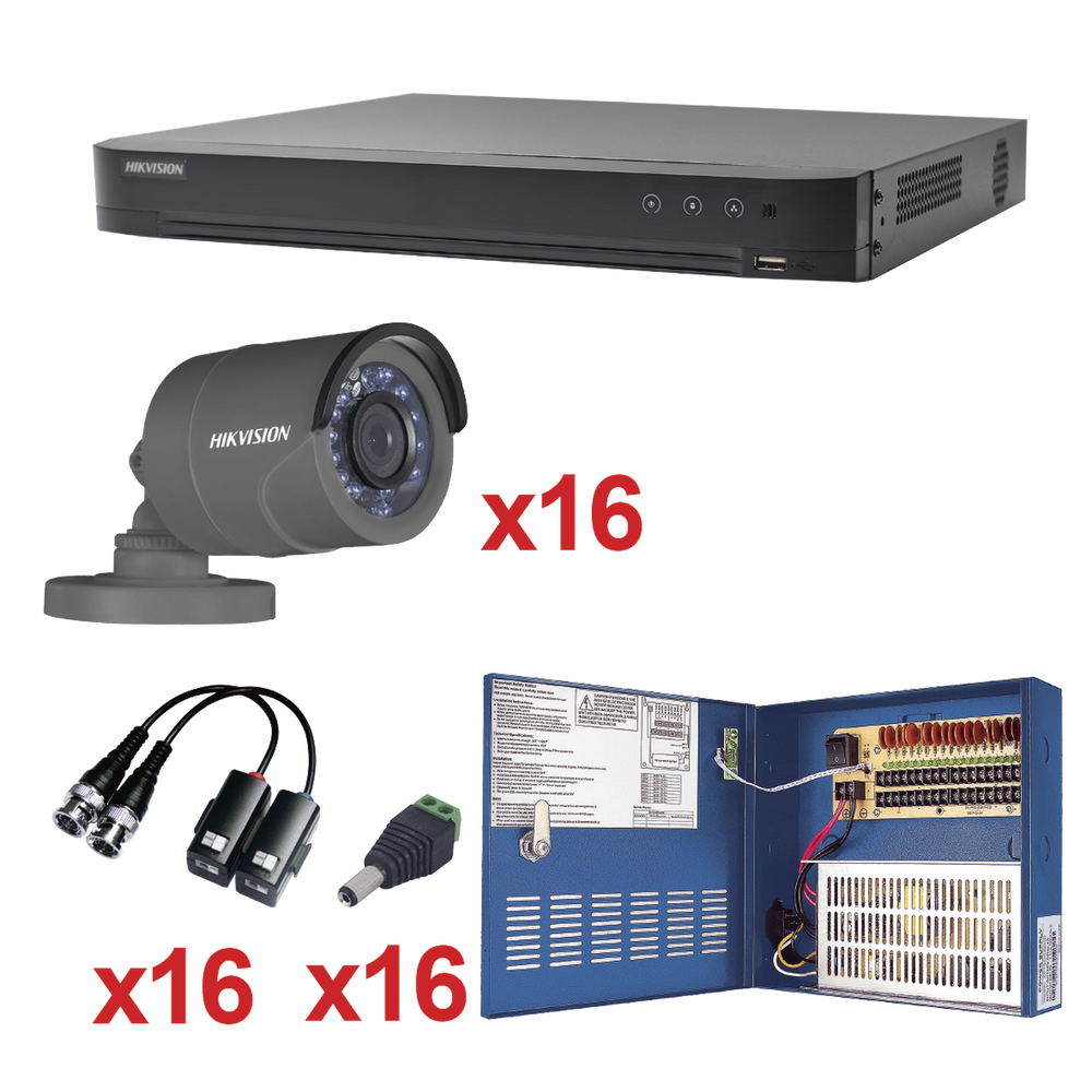 KIT TurboHD 1080p / DVR 16 Canales / 16 Cámaras Bal (exterior 2.8 mm) / Transceptores / Conectores / Fuente de Poder Profesional