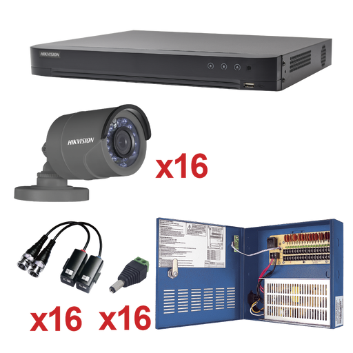 KIT TurboHD 1080p / DVR 16 Canales / 16 Cámaras Bal (exterior 2.8 mm) / Transceptores / Conectores / Fuente de Poder Profesional