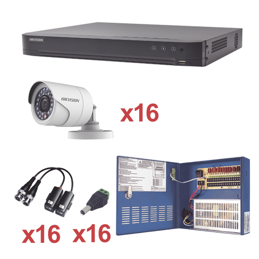 KIT TurboHD 1080p / DVR 16 Canales / 16 Cámaras Bala (exterior 3.6 mm) / Transceptores / Conectores / Fuente de Poder Profesional