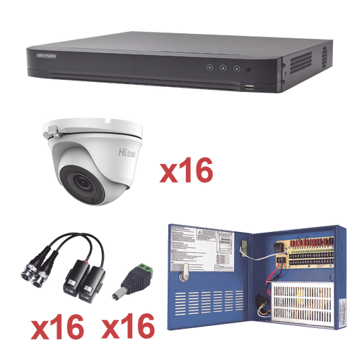 KIT TurboHD 1080p / DVR 16 Canales / 16 Cámaras turret (exterior 2.8 mm) / Transceptores / Conectores / Fuente de Poder Profesional