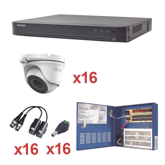 KIT TurboHD 1080p / DVR 16 Canales / 16 Cámaras turret (exterior 2.8 mm) / Transceptores / Conectores / Fuente de Poder Profesional