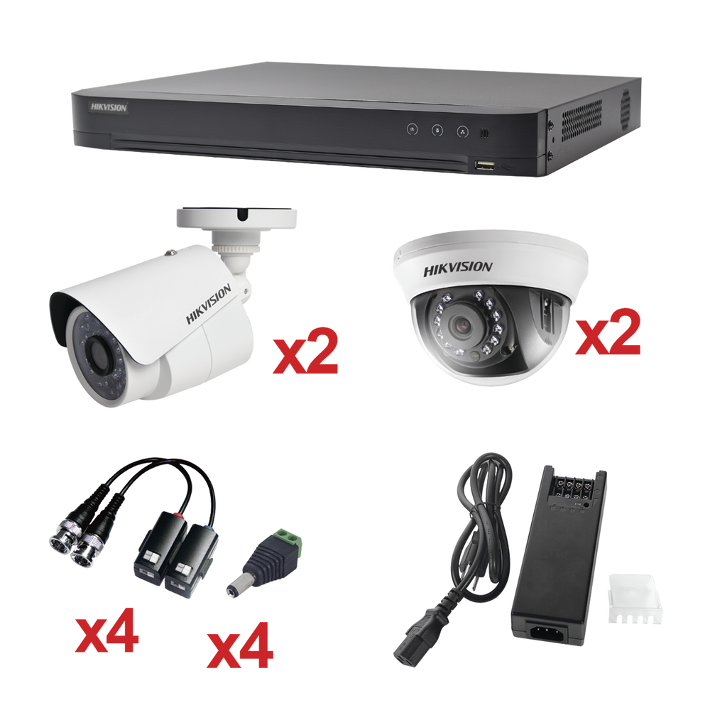 KIT TurboHD 1080p / DVR 4 Canales / 2 Cámaras Bala (exterior 2.8 mm) / 2 Cámaras Domo (interior 2.8 mm) / Transceptores / Conectores / Fuente de Poder Profesional