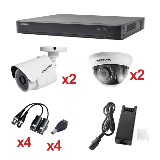 KIT TurboHD 1080p / DVR 4 Canales / 2 Cámaras Bala (exterior 2.8 mm) / 2 Cámaras Domo (interior 2.8 mm) / Transceptores / Conectores / Fuente de Poder Profesional