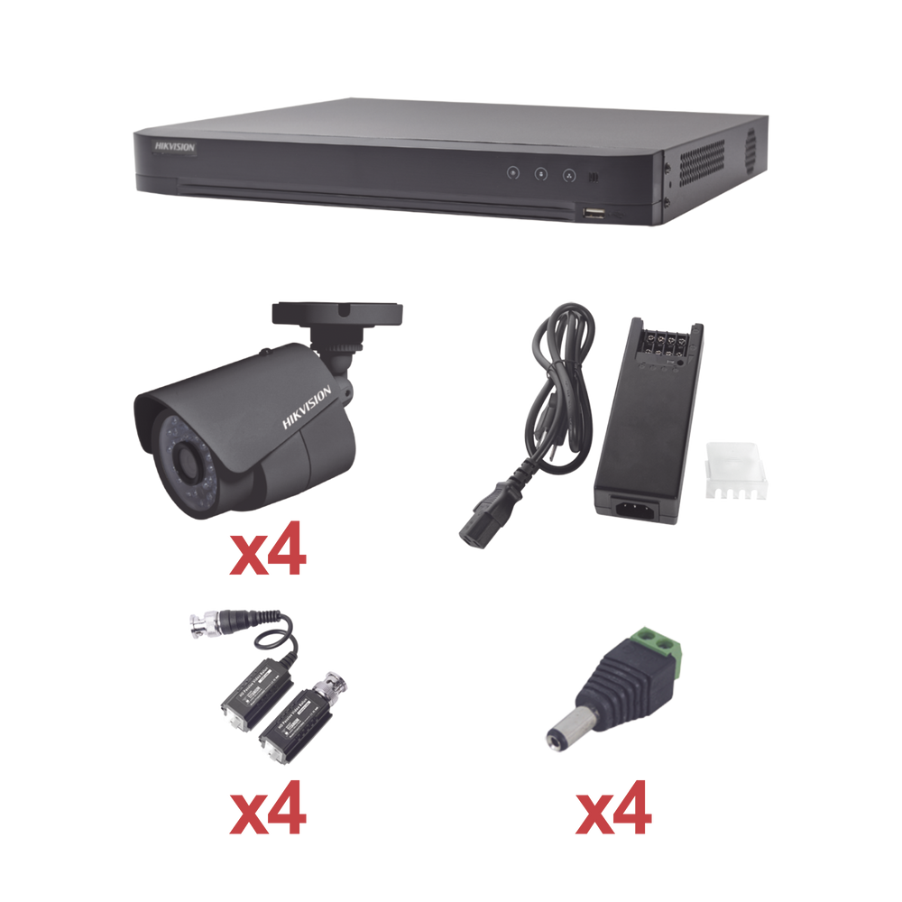 KIT TurboHD 1080p / DVR 4 Canales / 4 Cámaras (exterior 2.8 mm) / Transceptores / Conectores / Fuente de Poder Profesional