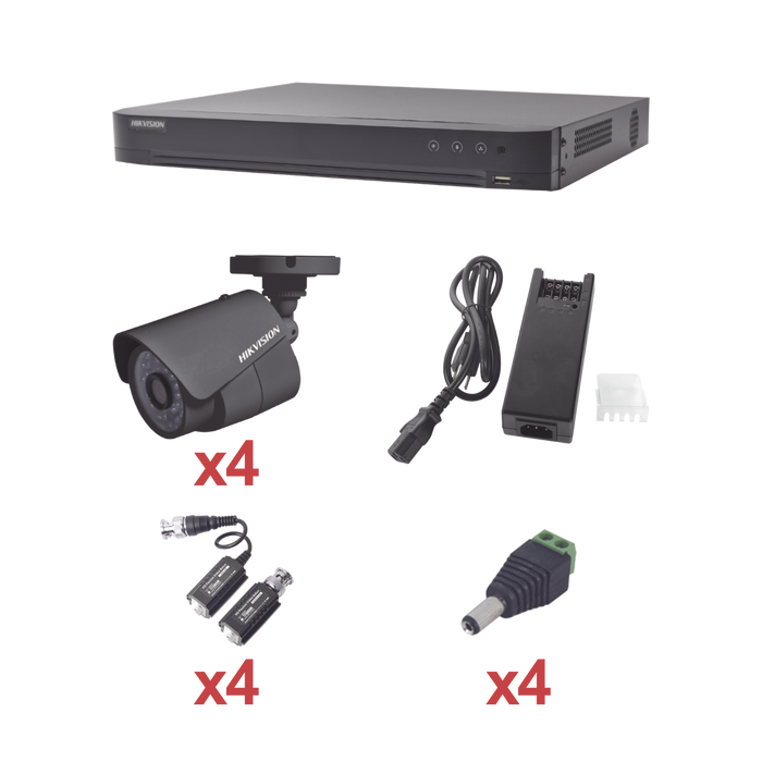 KIT TurboHD 1080p / DVR 4 Canales / 4 Cámaras (exterior 2.8 mm) / Transceptores / Conectores / Fuente de Poder Profesional