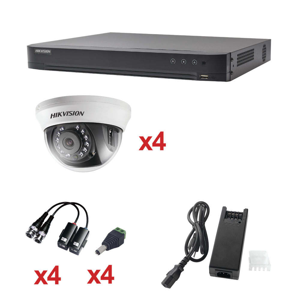 KIT TurboHD 1080p / DVR 4 Canales / 4 Cámaras Domo (interior 2.8 mm) / Transceptores / Conectores / Fuente de Poder Profesional