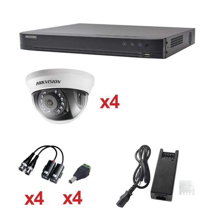 KIT TurboHD 1080p / DVR 4 Canales / 4 Cámaras Domo (interior 2.8 mm) / Transceptores / Conectores / Fuente de Poder Profesional