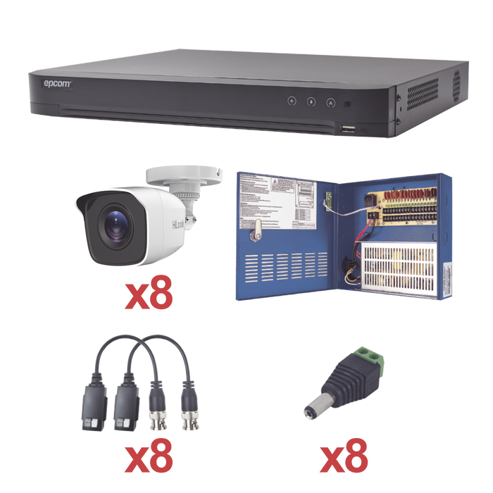 KIT TurboHD 1080p / DVR 8 Canales / 8 Cámaras Bala (exterior 2.8 mm) / Transceptores / Conectores / Fuente de Poder Profesional hasta 15 Vcd para Larga Distancia