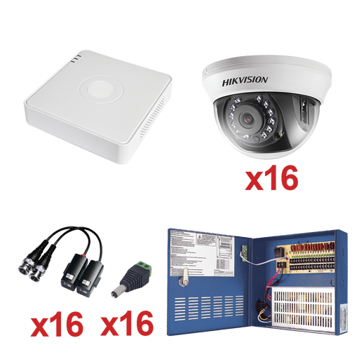 KIT TurboHD 720P / Incluye DVR 16 Canales / 16 Cámaras domo 2.8mm / transceptores / conectores / Fuente de poder profesional Heavy Duty 20A, Hasta 15Vcd para Larga Distancias