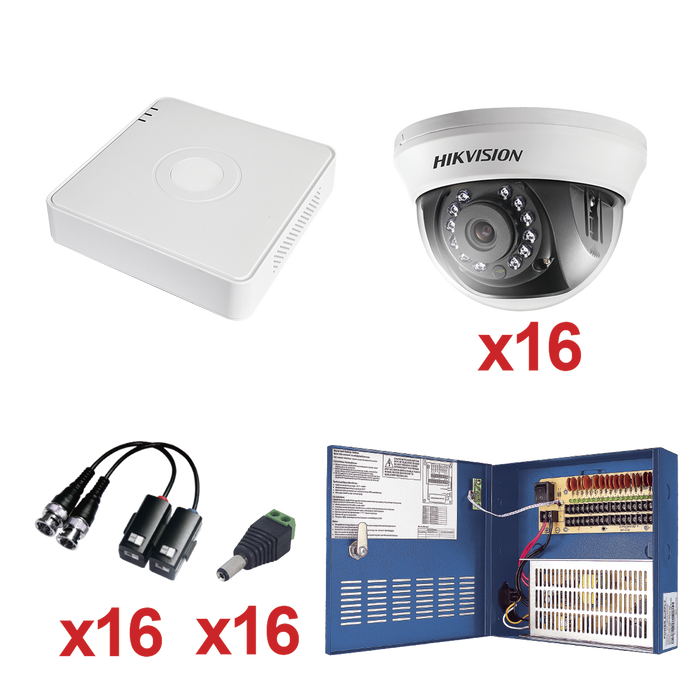 KIT TurboHD 720P / Incluye DVR 16 Canales / 16 Cámaras domo 2.8mm / transceptores / conectores / Fuente de poder profesional Heavy Duty 20A, Hasta 15Vcd para Larga Distancias