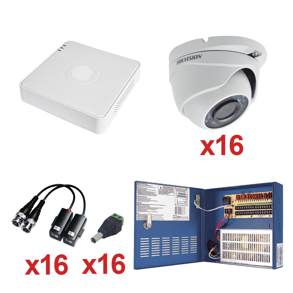 KIT TurboHD 720P / Incluye DVR 16 Canales / 16 Cámaras Eyeball 2.8 mm / Transceptores / Conectores / Fuente de Poder Profesional Hasta 15Vcd para Larga Distancias