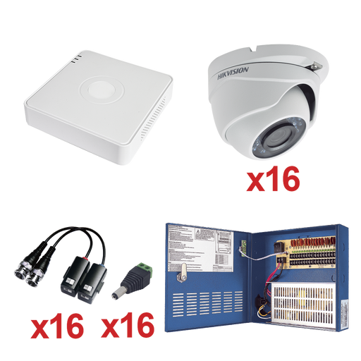 KIT TurboHD 720P / Incluye DVR 16 Canales / 16 Cámaras Eyeball 2.8 mm / Transceptores / Conectores / Fuente de Poder Profesional Hasta 15Vcd para Larga Distancias