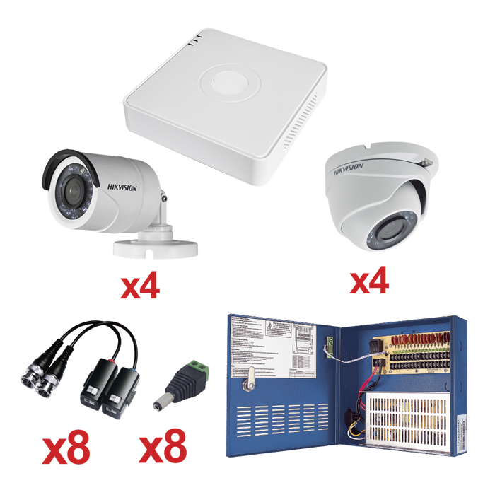 KIT TurboHD 720p / Incluye DVR 8 Ch / 4 Cámaras Bala 3.6 mm / 4 Cámaras Eyeball 2.8 mm / Transceptores / Conectores / Fuente de Poder Profesional hasta 15 Vcd para Larga Distancias