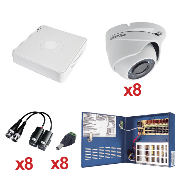 KIT TurboHD 720p / Incluye DVR 8 Canales / 8 Cámaras Eyeball 2.8 mm / Transceptores / Conectores / Fuente de Poder Profesional