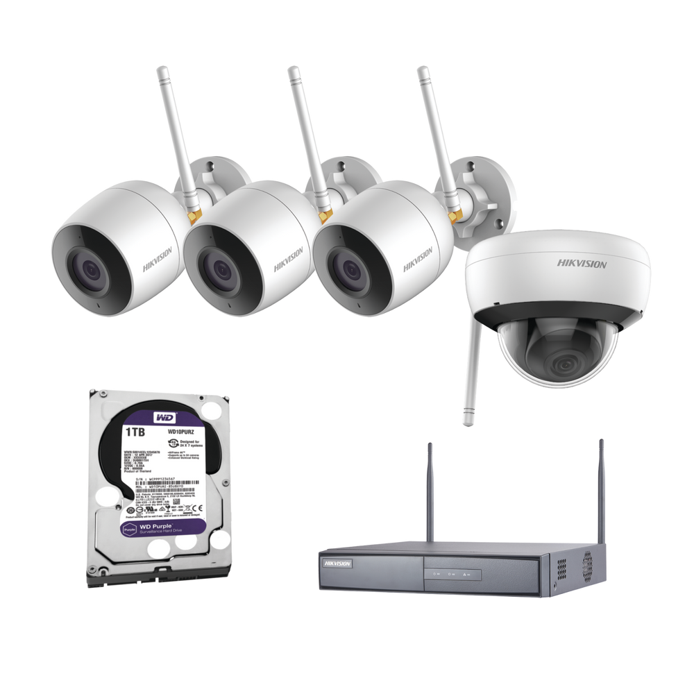 KIT IP Inalámbrico 1080p / NVR 4 Canales / 3 Cámaras bala (exterior IP66) con microfono interconstruido / 1 Cámara domo (exterior IP66) / 1 Disco duro