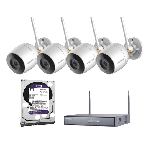 KIT IP Inalámbrico 1080p / NVR 4 canales / 4 cámaras bala (exterior IP66) con microfono interconstruido / Disco duro 1TB serie purpura