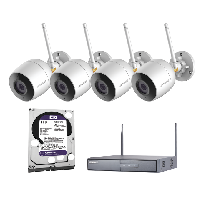 KIT IP Inalámbrico 1080p / NVR 4 canales / 4 cámaras bala (exterior IP66) con microfono interconstruido / Disco duro 1TB serie purpura