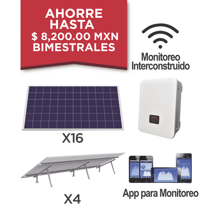 Kit solar para interconexión de 5 KW de potencia, 220 Vca con inversor de cadena y paneles policristalinos.