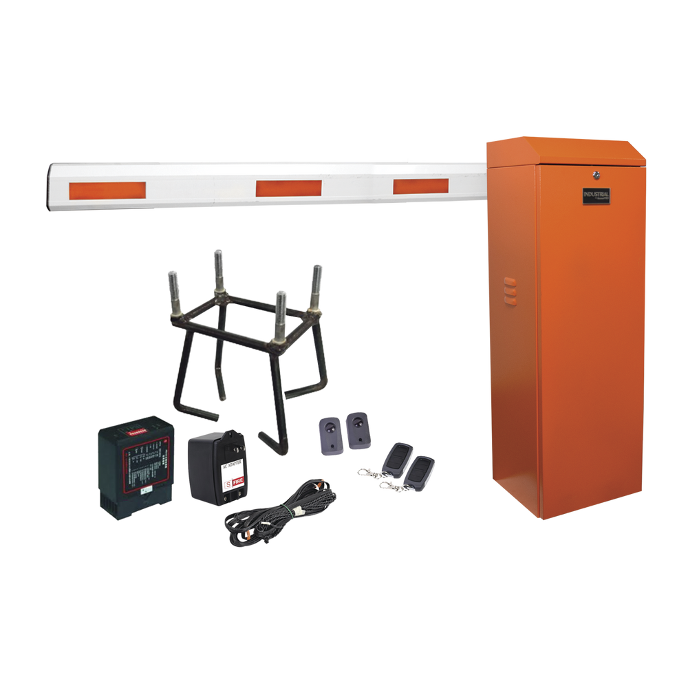 Kit COMPLETO Barrera Izquierda XB NARANJA / Brazo telescópico 3.6 ~ 5.5 M / Incluye Sensor de masa, Transformador, Lazo, Ancla, Fotoceldas y 2 Controles Inalámbricos