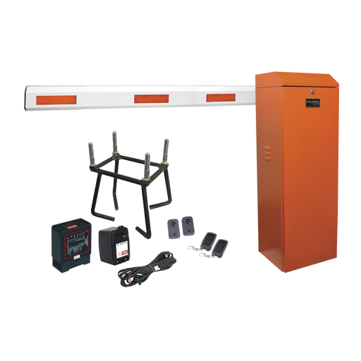 Kit COMPLETO Barrera Izquierda XB NARANJA / Brazo telescópico 3.6 ~ 5.5 M / Incluye Sensor de masa, Transformador, Lazo, Ancla, Fotoceldas y 2 Controles Inalámbricos