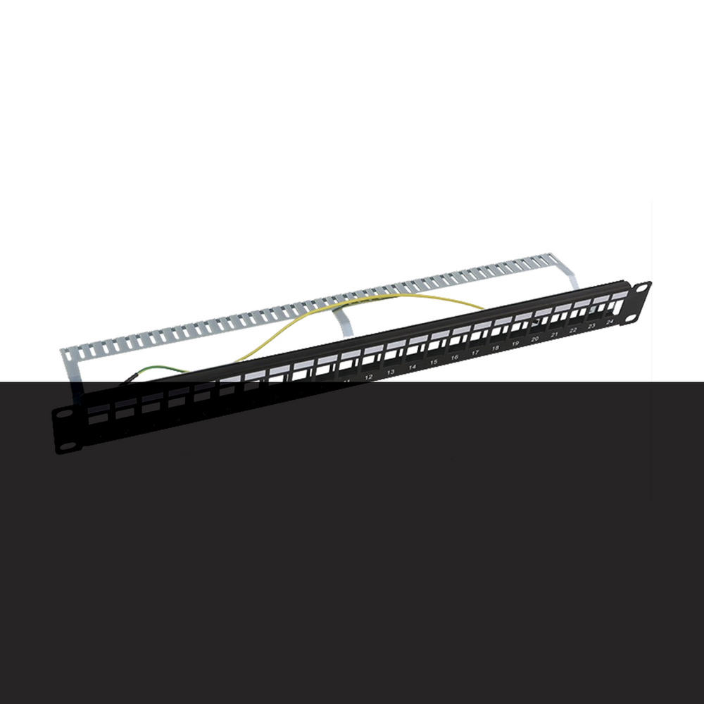 Patch panel modular Blindado (STP) de 24 puertos, con barra para organizar cable