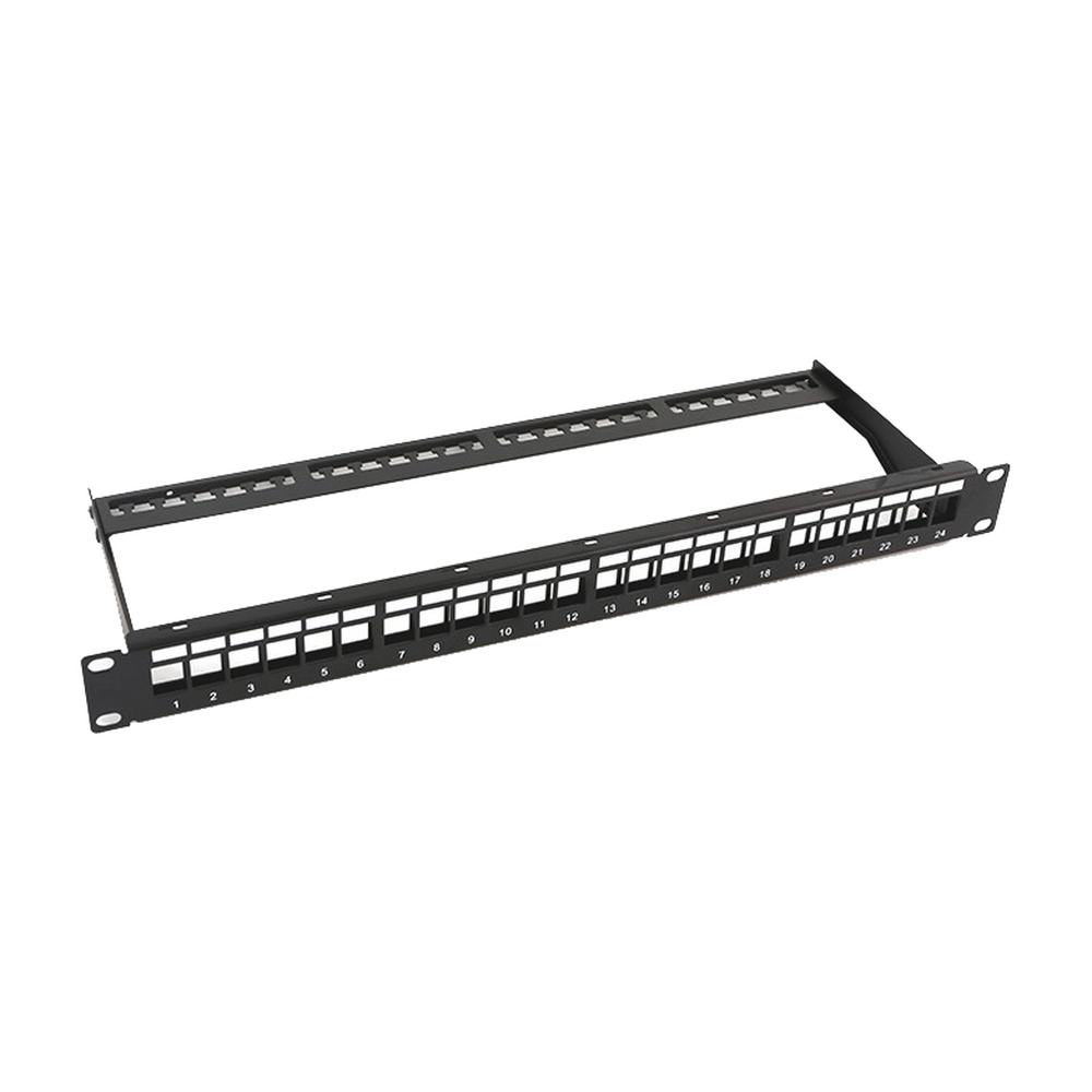 Patch panel modular sin blindaje de 24 puertos, 1U, con barra para organizar cable