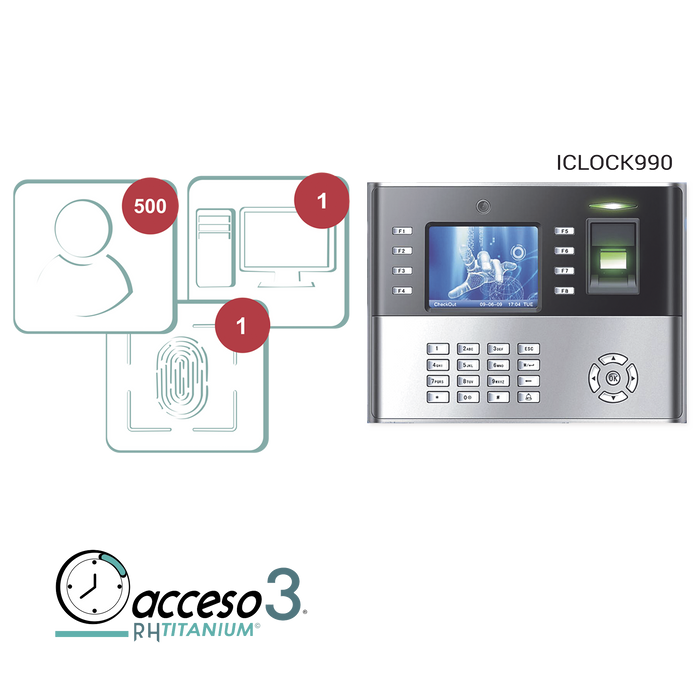 KIT NOMINA 3 / Incluye 1 checador de HUELLA y TARJETA [ICLOCK990] y licencia de software compatible con Aspel NOI y NOMIPAQ (3 AÑOS) / Biometrico TOMA FOTOGRAFIA de CHECADA