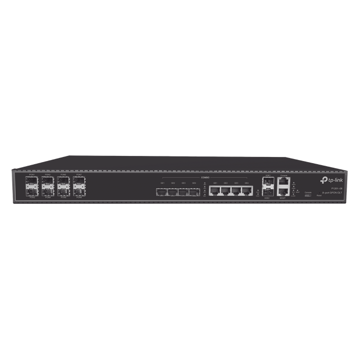 GPON Terminal de línea óptica (OLT) para 1024 ONUs simultáneos, 8 puertos SFP GPON, 4 puertos Gigabit combo (RJ45 + SFP), 2 puertos 10 Gigabit SFP+