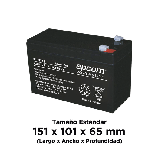 Batería AGM / VRLA / 12 Vcd / 7 Ah / TAMAÑO ESTANDAR ( 151 x 101 x 65 mm)