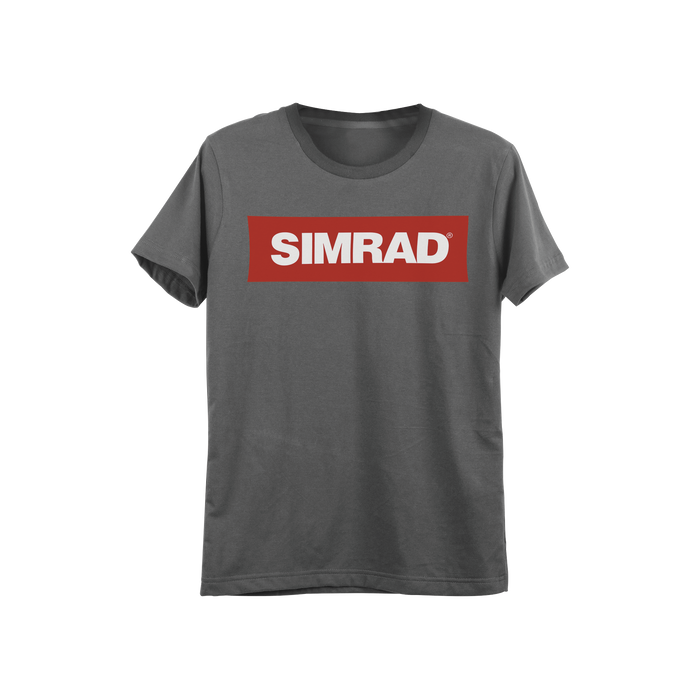 Playera gris talla chica con logo de SIMRAD.