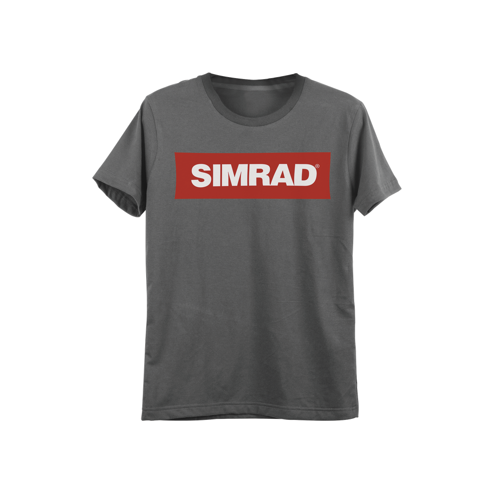 Playera gris talla extra grande con logo de SIMRAD.