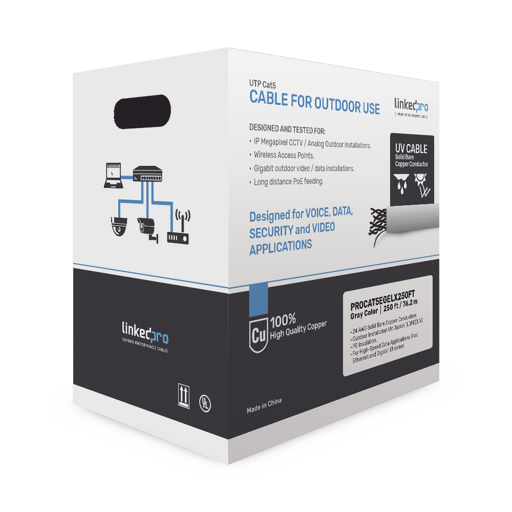 Bobina de cable de 250 ft ( 76.2 m ) CAT5e con gel para exteriores, doble forro y bajo tierra, UL, color Gris, para aplicaciones en CCTV, y redes de alta velocidad. Uso Intemperie.