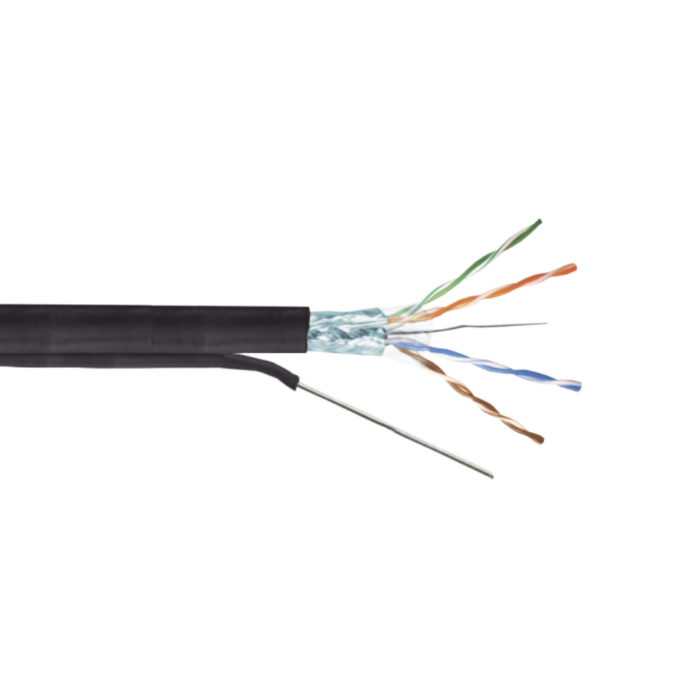 (CON CABLE TENSOR) Bobina de cable UTP de 305 m Cat6+ CALIBRE 23, color negro, para aplicaciones de CCTV, redes de datos. Uso en Intemperie y aplicaciones Aereas