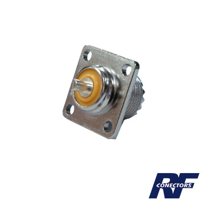 Conector UHF hembra (SO-239), montaje chasis con 4 perforaciones a 18 mm.