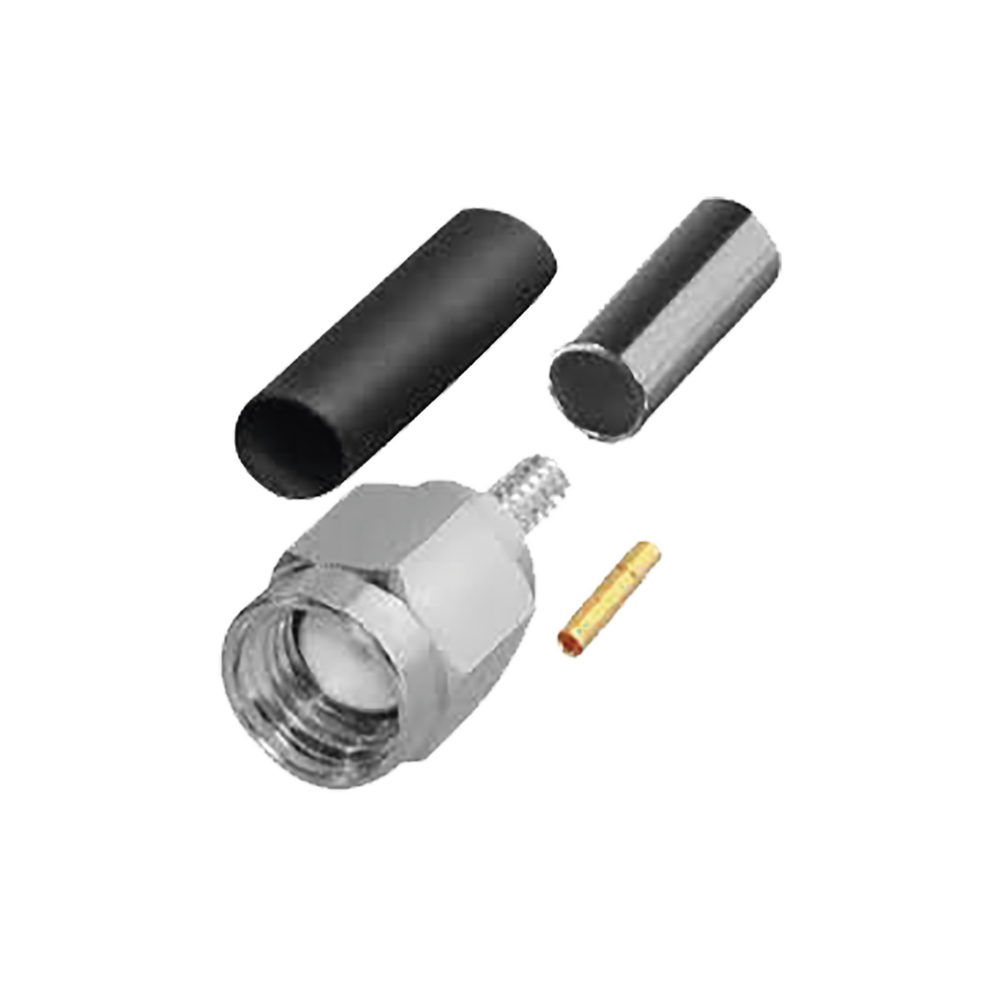 Conector SMA Macho Inverso de Anillo Plegable para Cables RG-174, RG-316/U, Niquel/Oro/Teflon.