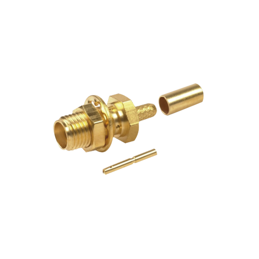 Conector SMA Hembra para Chasis en D Plano, Anillo Plegable para cable RG-174/U, Oro/ Oro/ Teflón.