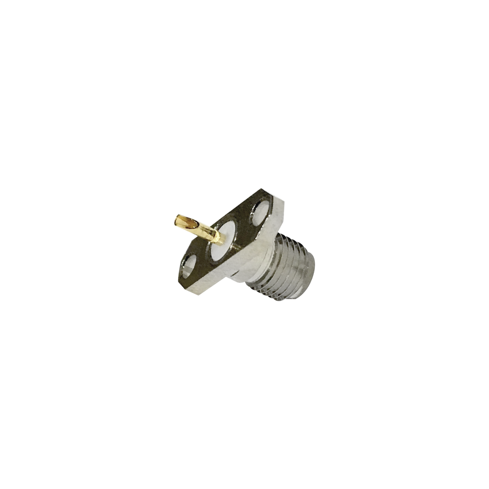 Conector SMA Hembra para Panel en 2 Perforaciones, Pin Soldable, Req. Capucha, Niquel/Oro/Teflón.