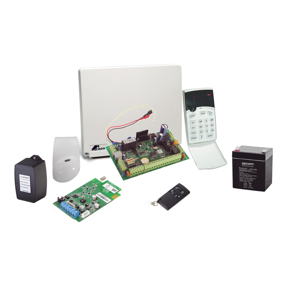 Kit de alarma de 8 a 16 zonas híbrido incluye: sensor de movimiento inalámbrico, receptor inalámbrico, 2 contactos magnéticos inalámbricos y control remoto inalámbrico.