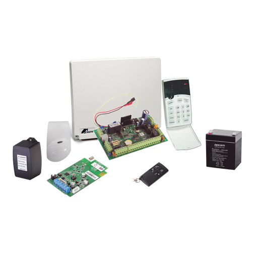 Kit de alarma de 8 a 16 zonas híbrido incluye: sensor de movimiento inalámbrico, receptor inalámbrico, 2 contactos magnéticos inalámbricos y control remoto inalámbrico.