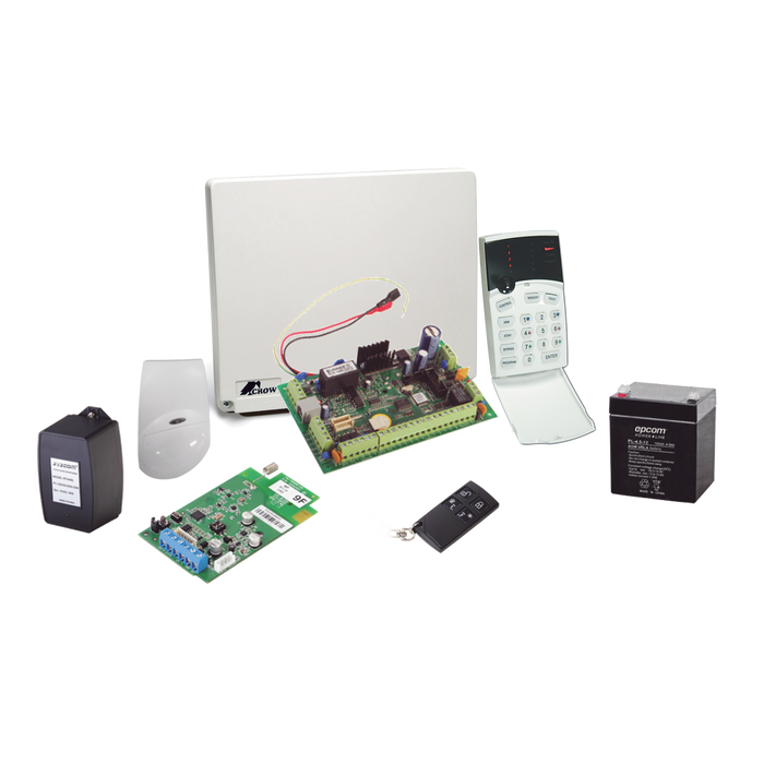 Kit de alarma de 8 a 16 zonas híbrido incluye: sensor de movimiento inalámbrico, receptor inalámbrico, 2 contactos magnéticos inalámbricos y control remoto inalámbrico.