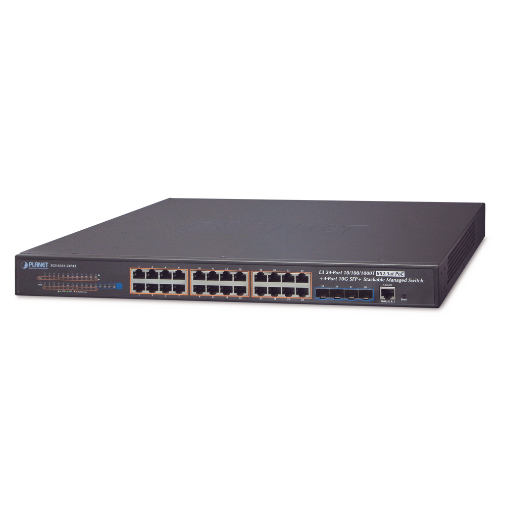 Switch Administrable L3 Stacking 10/100/1000T 24 puertos PoE802.3at, 4 puertos 10G SFP+ 370 W