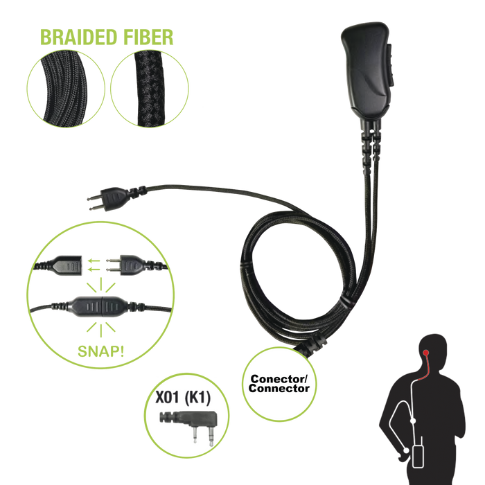 Micrófono con cable de fibra trenzada serie SNAP compatible con KENWOOD conector de 2 pines.